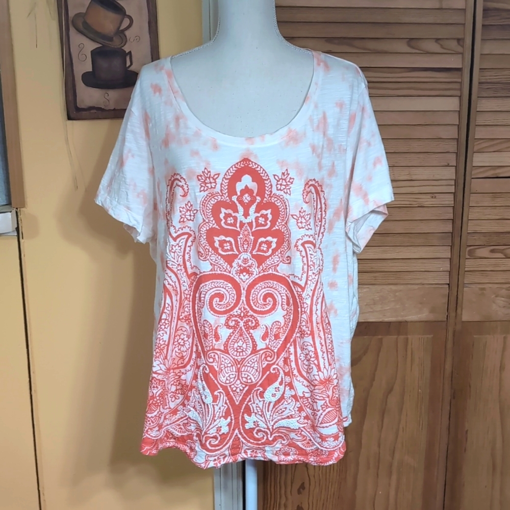 SONOMA Orange/White Tie Dye Beaded Top 2X